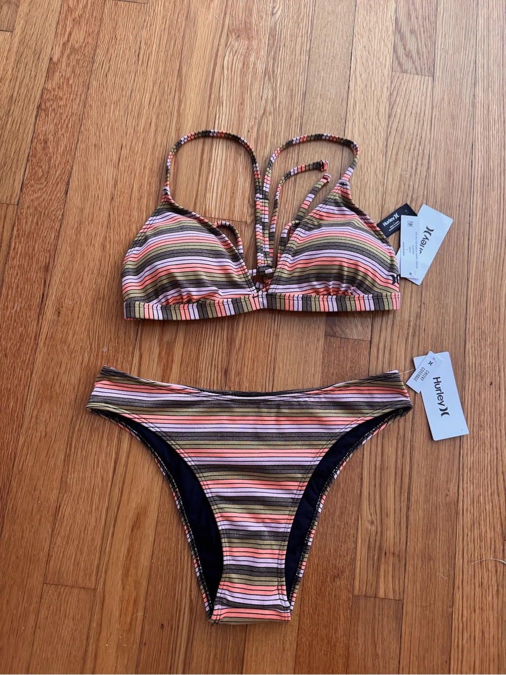 Hurley Striped Bikini Set in Pink, Brown, Green and Black